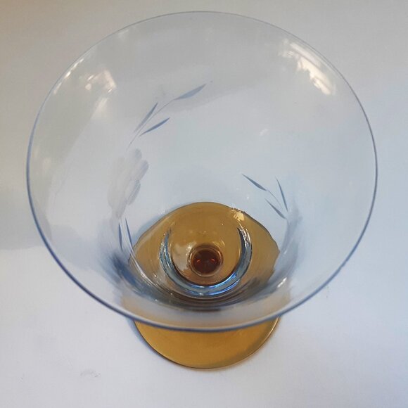 VTG Antique Thin Elegant Glass Azure Blue Goblet Amber Stem Set of 4 Etched Rare - Picture 6 of 14